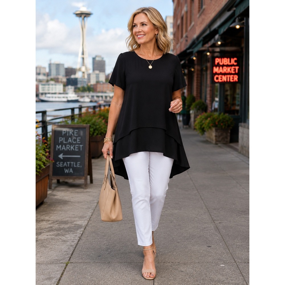 Philosophy Womens Large Black Overlay Tunic Blouse High Low Hem Flowy Career Top